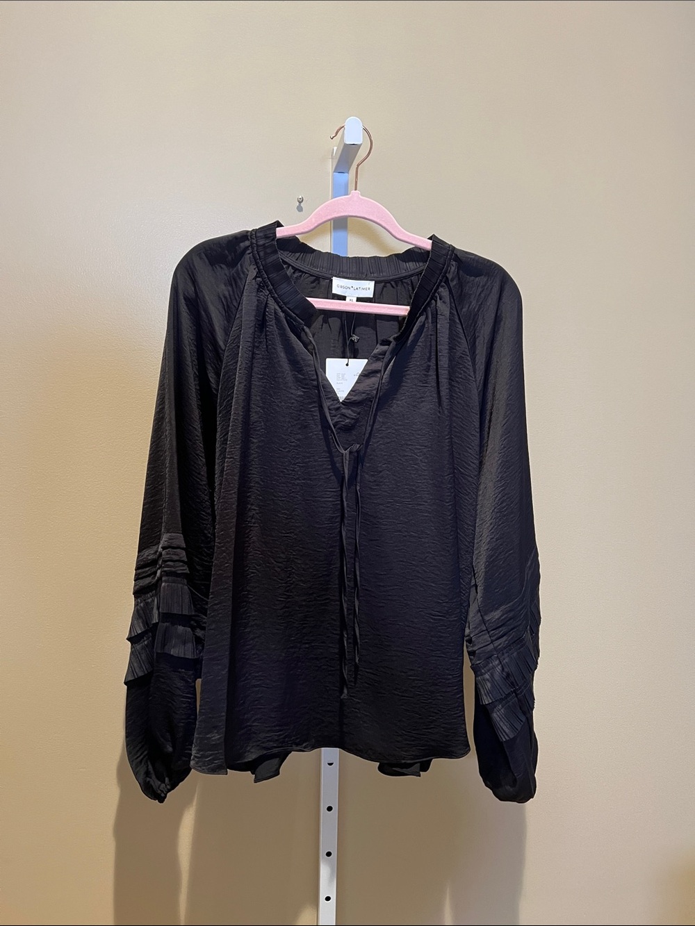 Gibson Latimer Black Peasant Tie-Neck Blouse